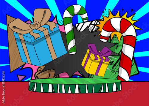 Comic Book Product podium stage for mockup presentation with Gift Box and Candy cane. Retro comics background.