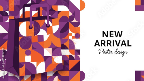 Modern Shopping Bag and Geometric Shapes Poster Design for New Arrivals and Sales