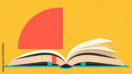 Open Book with Red Geometric Shape Graphic Design on Yellow Background