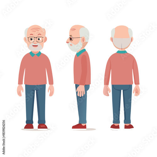 elderly man. character constructor for animation. front, side and back view set. body parts, postures, poses collection. illustration design.
