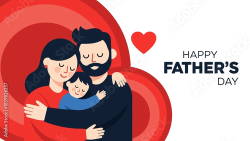 Happy Father's Day: Family Hugging with Red Circles and Heart Symbol