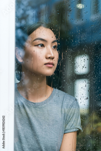 Sitting by a window, a young asian woman reflects while raindrops trickle down the glass, creating a serene atmosphere indoors. Generative AI.