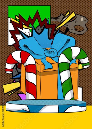 Comic Book Product podium stage for mockup presentation with Gift Box and Candy cane. Retro comics background.