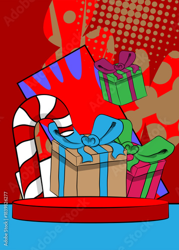 Comic Book Product podium stage for mockup presentation with Gift Box and Candy cane. Retro comics background.