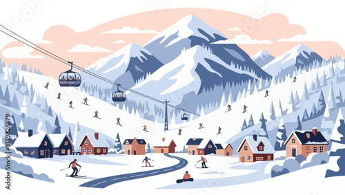 Cozy Ski Village Scene with Cable Cars and Snowy Mountains in Winter