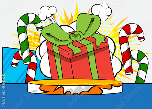 Comic Book Product podium stage for mockup presentation with Gift Box and Candy cane. Retro comics background.