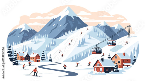 Winter ski resort village with cable cars and skiers on snowy mountains