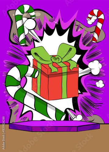 Comic Book Product podium stage for mockup presentation with Gift Box and Candy cane. Retro comics background.