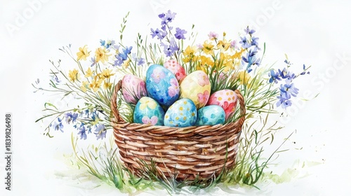 Watercolor Easter basket filled with flowers and eggs, hand-painted charm and elegant spring mood
