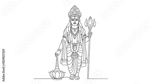 Intricate Line Art of a Divine Hindu Deity with Traditional Attire and