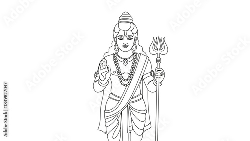 Intricate line drawing of a majestic deity figure holding a trident