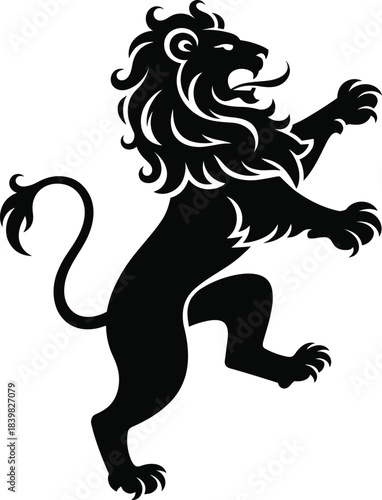 Lion silhouette, heraldic lion design, black lion vector, royal animal icon, majestic standing lion, traditional emblem art, powerful beast graphic, noble tattoo symbol