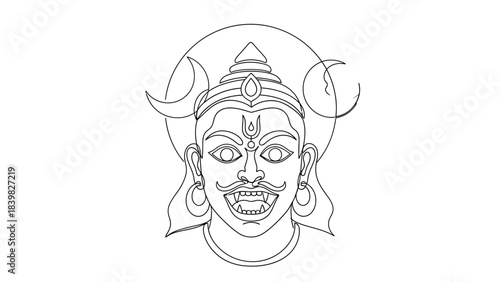 Intricate Line Art of a Mythological Demonic Face with Lunar Motifs and Headgear