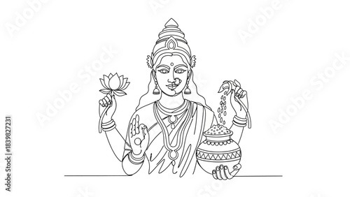 Intricate Line Art Depiction of a Multicolored Deity Holding Lotus and Water