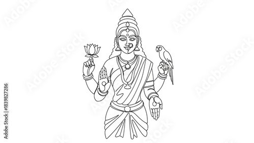 Elegant line drawing of a traditional deity with multiple arms holding symbols