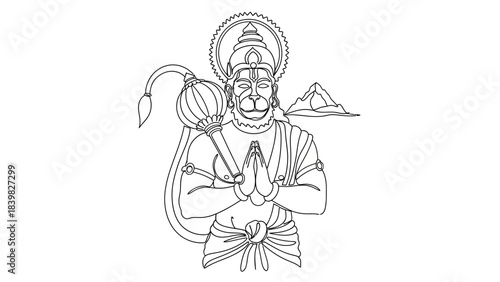 Intricate Line Drawing of a Traditional Hindu Deity with Mountain and Cloud