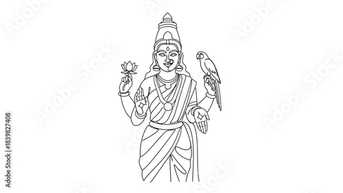 Intricate Line Drawing of a Deity Holding a Lotus Flower and Parrot with
