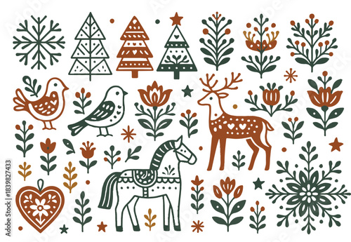 Scandinavian Christmas Folk Art Set. Nordic Winter Holidays Clip Art Collection with Reindeer, Dala Horse, Birds, and Snowflakes.
