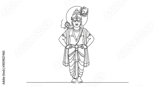 Intricate line drawing of a traditional mythological warrior figure with