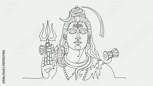 Minimalist Line Drawing of Lord Shiva with Sacred Symbols and Trident
