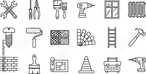 This image features a collection of outline icons representing various tools, equipment, and materials used for home renovation, construction, repair, and DIY projects, suitable for a minimalist des