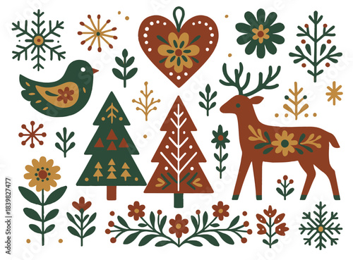 Scandinavian Folk Art Christmas Vector Pack - Hygge Holiday Clipart Set with Reindeer, Bird, Trees, Flowers, and Snowflakes