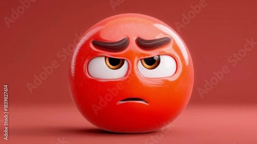 A 3D rendered cartoon red angry face with furrowed brows and a grumpy expression on a matching red background.