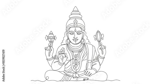Intricate Line Drawing of a Divine Hindu Goddess in Meditation with Symbolic