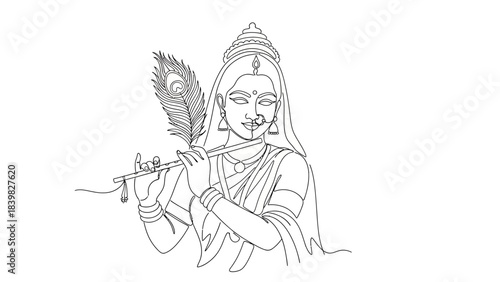 Elegant Line Art Depiction of a Classical Female Angel Playing a Flute with a