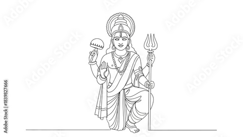Detailed Line Drawing of a Hindu Deity with Traditional Attire and Iconography