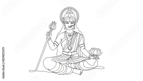 Intricate Line Drawing of a Deity with Lotus Flower and Trident Meditation Scene