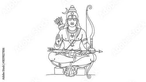 Line Drawing of a Meditative Hindu Deity Sitting Cross-Legged with Bow and Arrow
