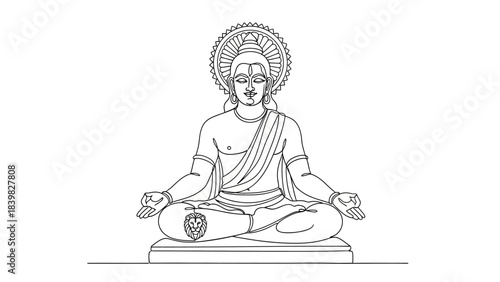 Intricate line art depiction of meditate deity in traditional attire with