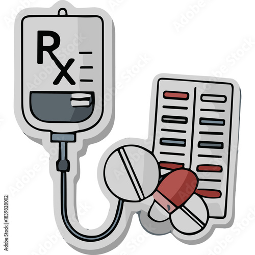 Medical Infusion Bag With Rx Symbol Next To Blister Pack Of Pills And Loose Capsules On White Background Healthcare And Medicine Concept