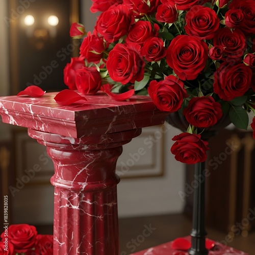A rich, red marble column pedestal supports a vibrant bouquet of deep red roses, displaying a luxurious and romantic scene.