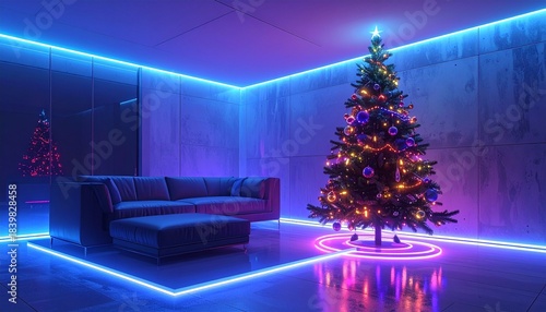 Festive Christmas Tree Lit Inside Modern Room With Neon Lighting and Reflection on Polished Floor