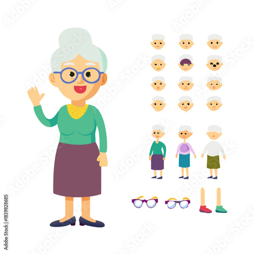 Grandmother character constructor for animation with parts set. Customized people collection with elderly woman poses, facial expressions heads with glasses, gesturing arms, more. Vector ... See More