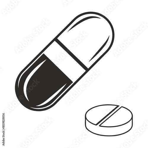 Medical Pill and Capsule Line Art Icon: Pharmaceutical Vector Illustration for Healthcare