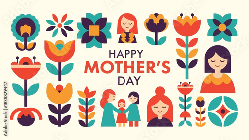 Happy Mother's Day - Stylized Floral Vector Illustration with Loving Family Figures