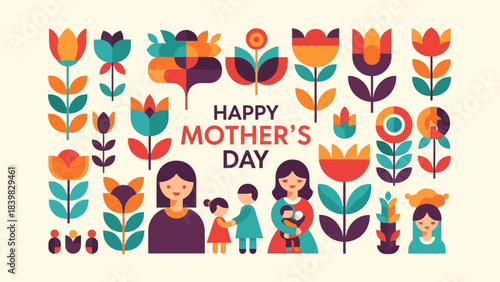 Happy Mother's Day Greeting with Stylized Flowers and Families, Vibrant Colors