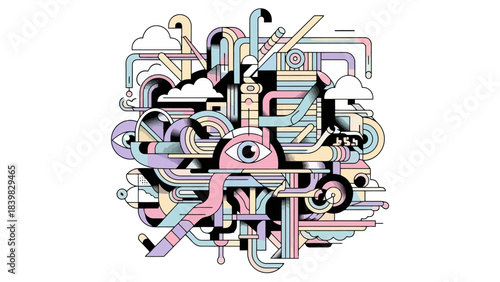 Surreal Abstract Geometric Machine with Eyes and Clouds in Pastel Colors