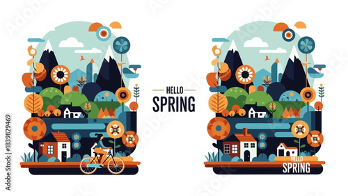 Vibrant Spring Landscape Illustration with Houses, Mountains, and Flowers