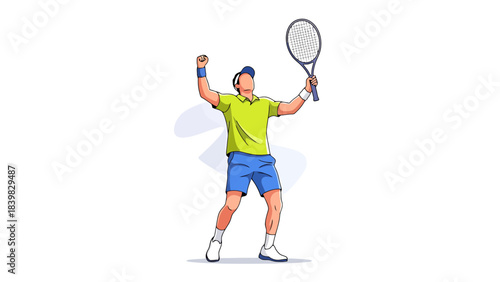 Victorious Tennis Player Celebrating Championship Win with Racket High in the Air