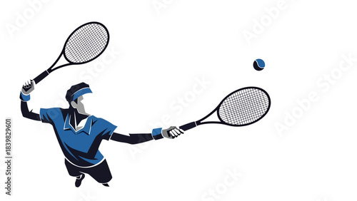 Dynamic Athlete Swinging Two Tennis Rackets Mid Air for a Powerful Serve