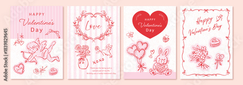Valentine’s Day card template set featuring cute hand-drawn doodle-style line art illustrations. Vector files.	
