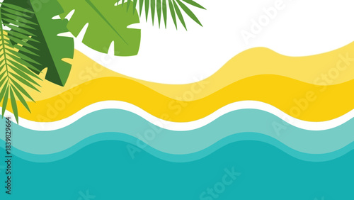 Tropical Beach Scene with Palm Leaves and Wavy Ocean and Sand Layers