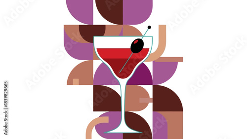 Retro Martini Cocktail with Olive on Geometric Abstract Background