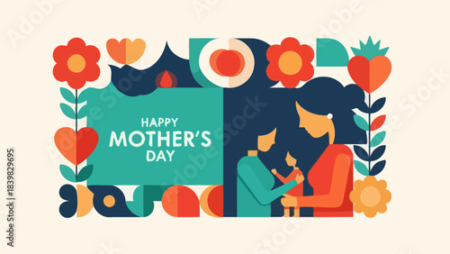 Happy Mother's Day Vector Illustration with Family and Flowers