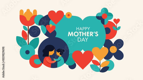 Vibrant Abstract Illustration Celebrating Mother's Day with Flowers and Hearts