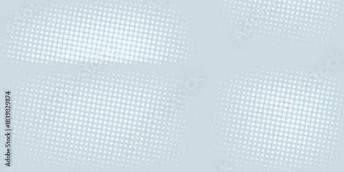 Abstract light blue blurred background horizontal panoramic web banner. Halftone corner texture. Subtle pattern. Digital polka. Dots gradation. Vector illustration